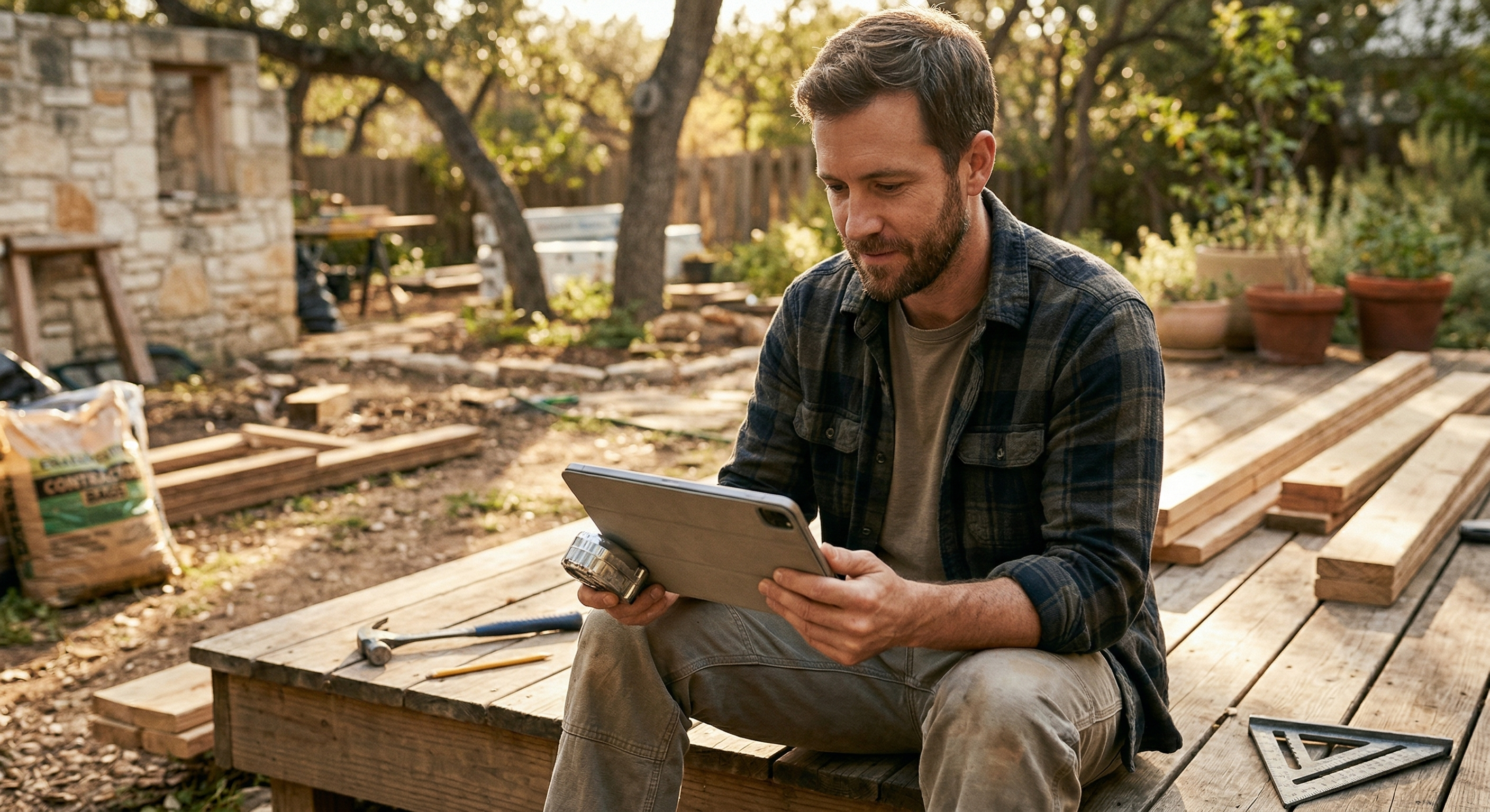 Phone or tablet showing a custom build plan with materials and steps