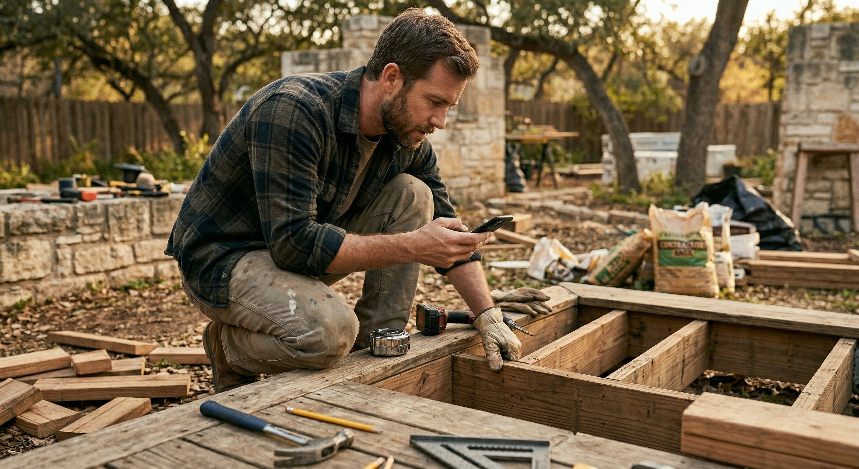 Person mid-build checking their phone for project guidance at night